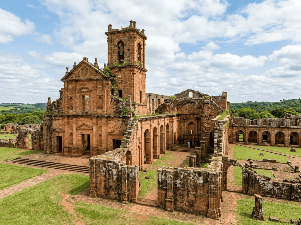 Ruined red-stone church with bell tower and surrounding arcades