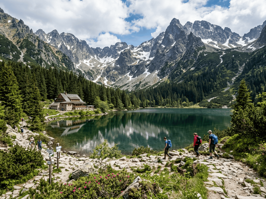 Hikers beside a mountain lake beneath rugged snow-dusted peaks