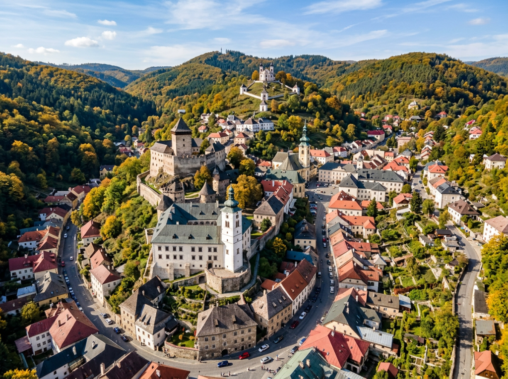 Aerial view of a historic town with churches, castle, and forested hills