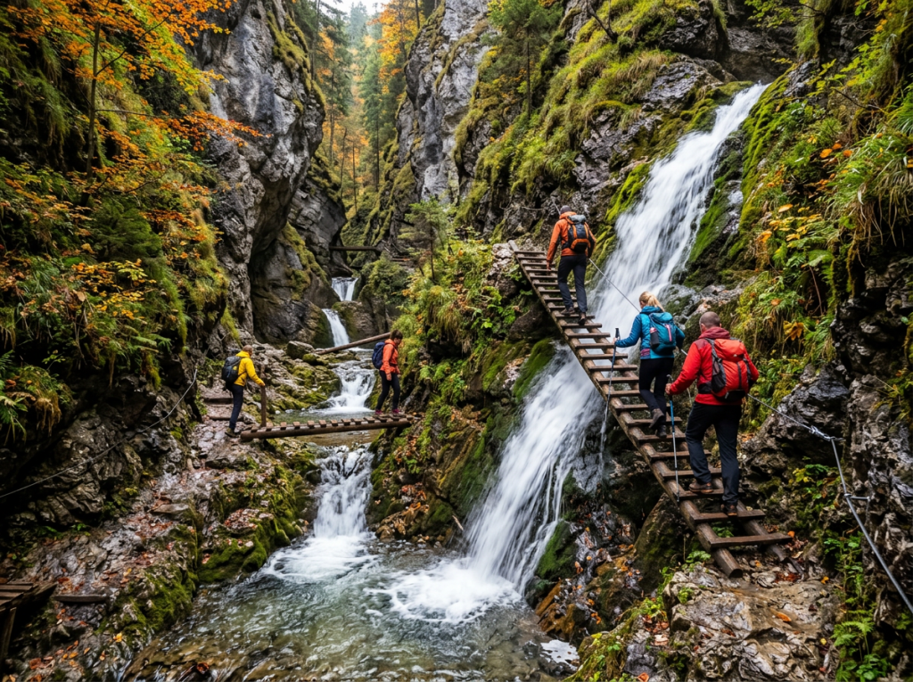 Four hikers navigating wooden bridges beside waterfalls in a mossy gorge