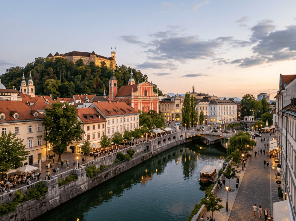 Ljubljana riverfront with castle, bridges, historic buildings, and boat at dusk
