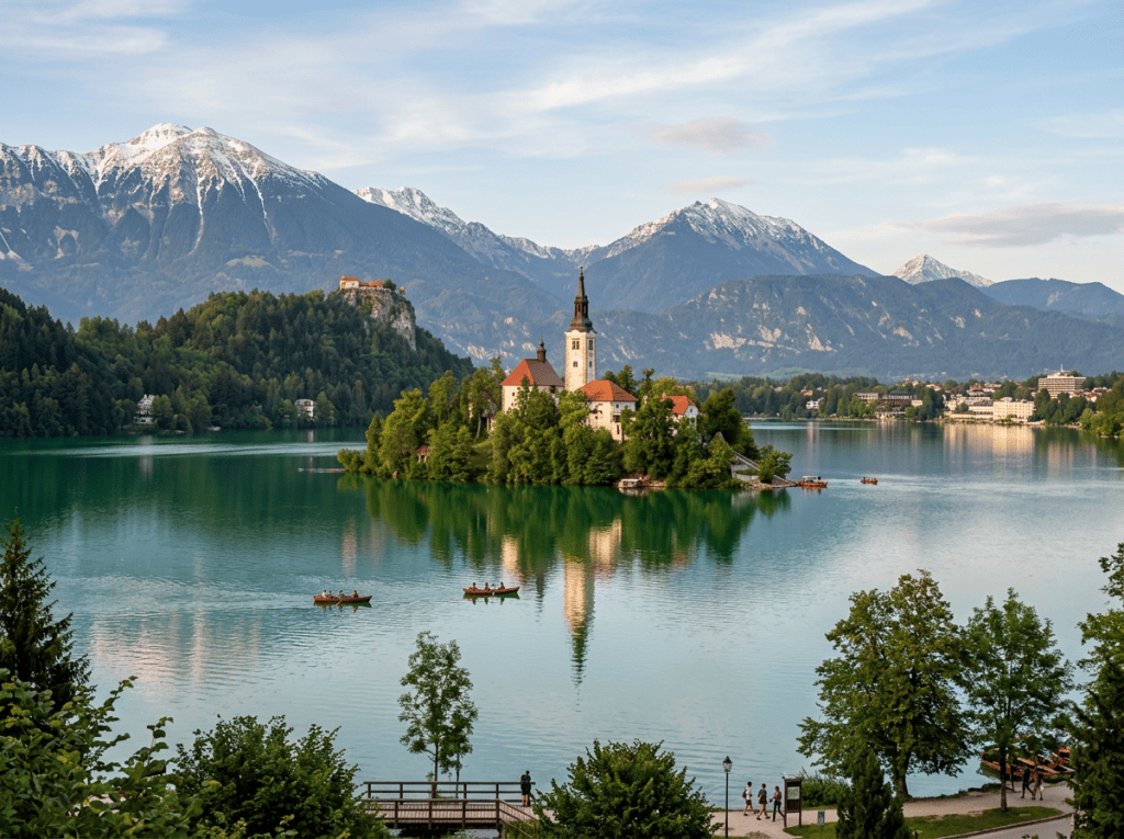 Island church on Lake Bled surrounded by mountains and boats