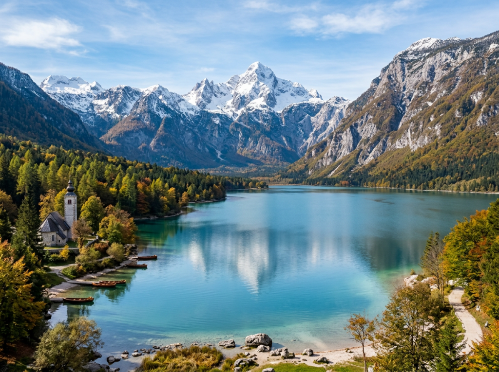 Turquoise alpine lake with snow-capped mountains and lakeside church