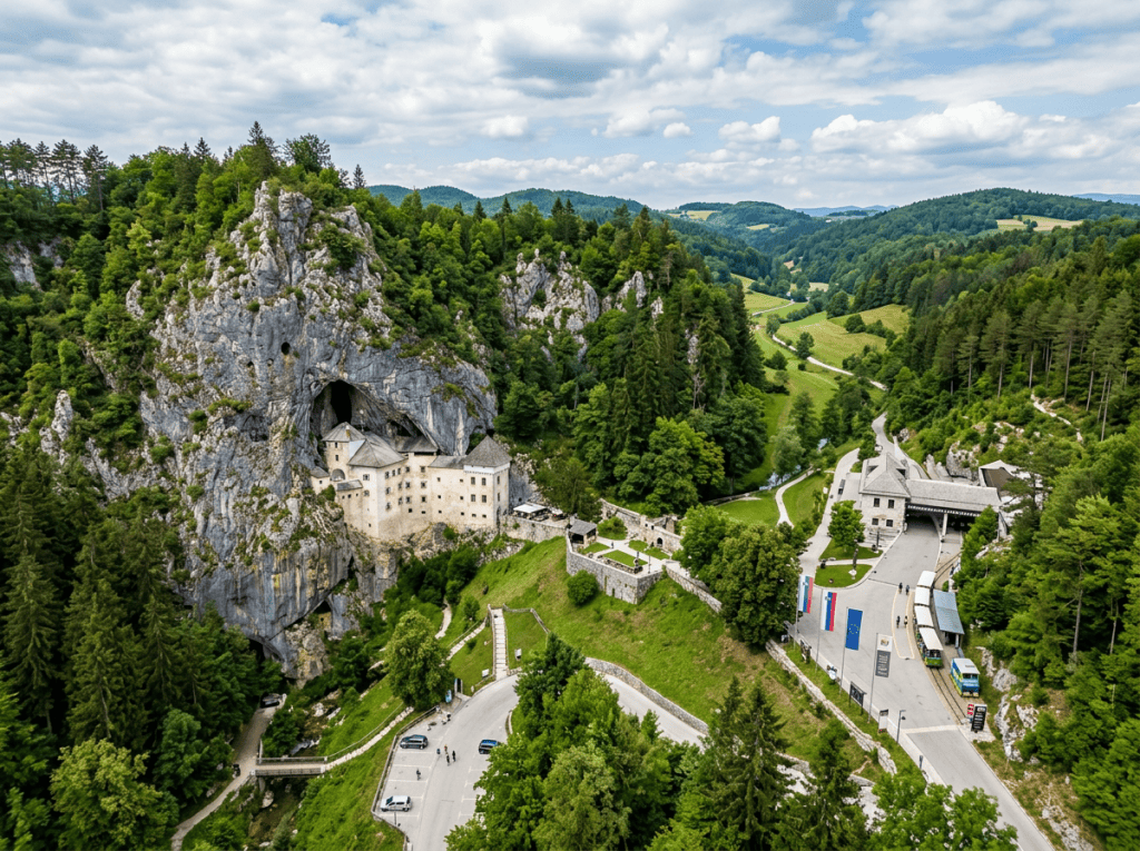 Predjama Castle built into a limestone cliff amid green hills