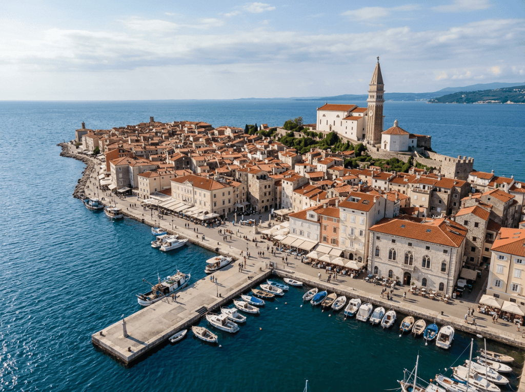 Aerial view of a historic Adriatic coastal town, harbor, and church tower