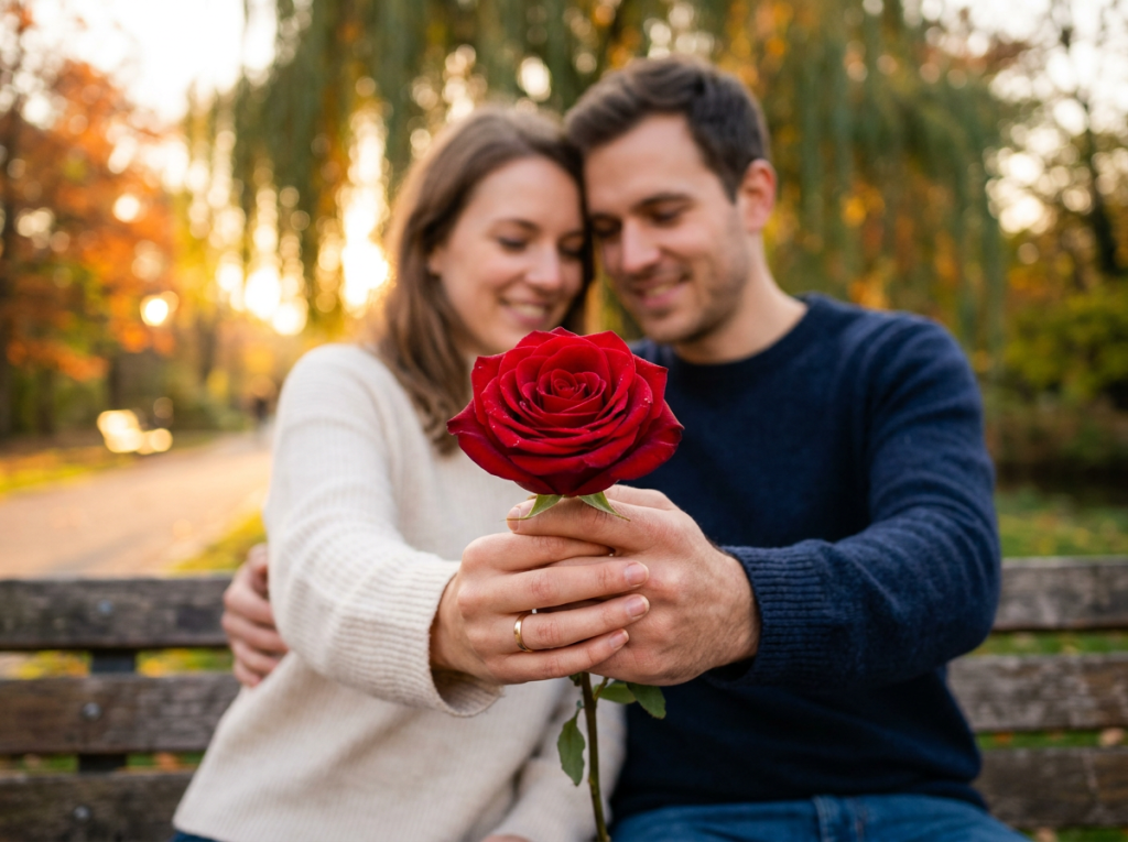 Couple embracing on a park bench while holding a red rose