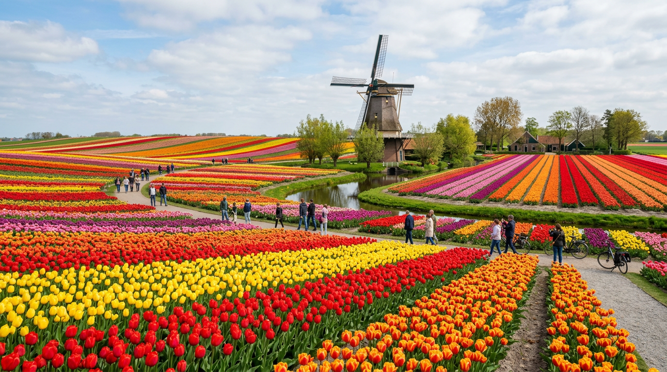 Visitors walking among colorful tulip fields beside a traditional Dutch windmill