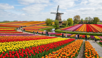 Visitors walking among colorful tulip fields beside a traditional Dutch windmill