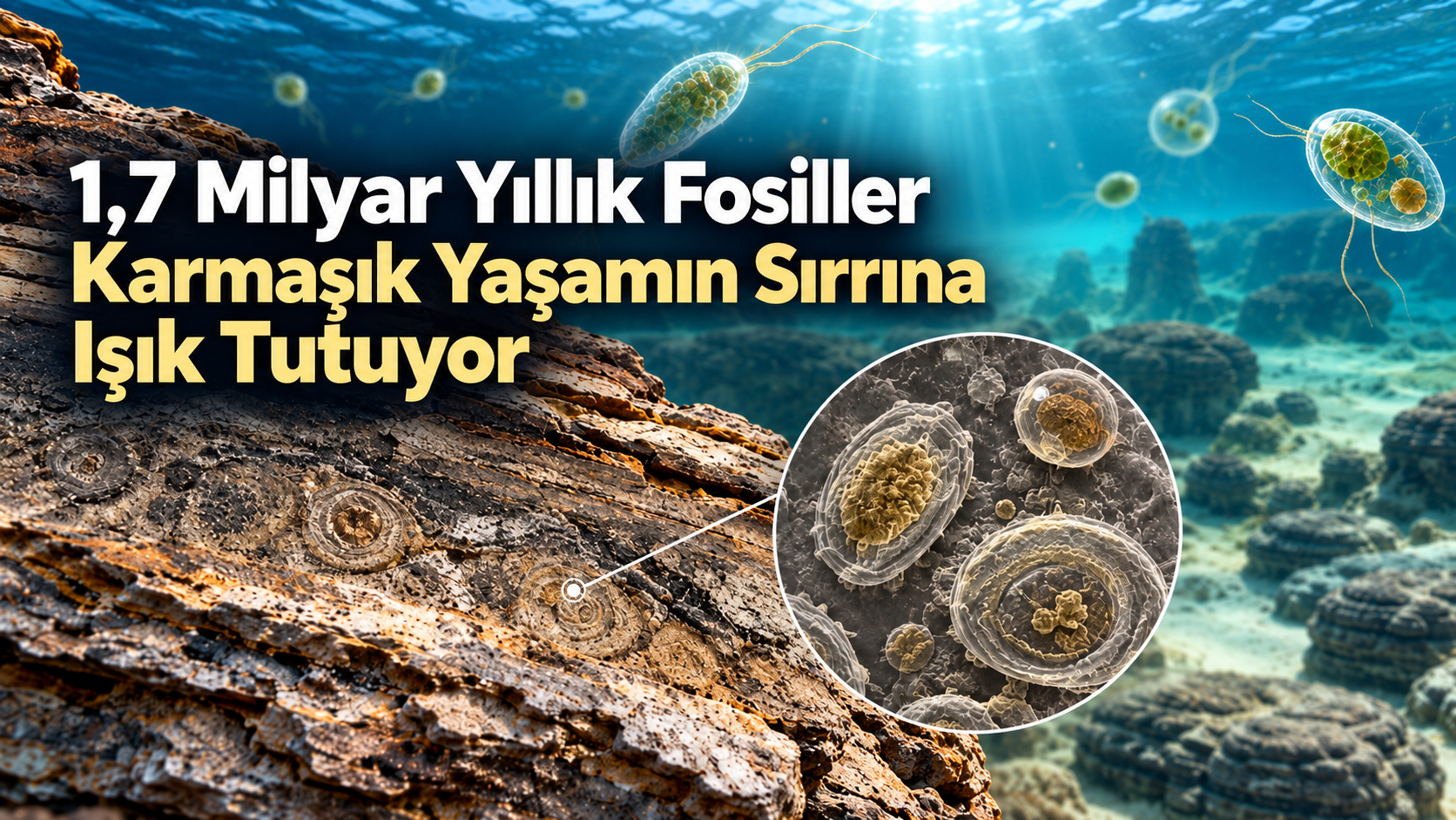 1,7 milyar yıllık fosiller ve erken karmaşık yaşamı temsil eden mikrofosillerin yer aldığı bilimsel görsel.
