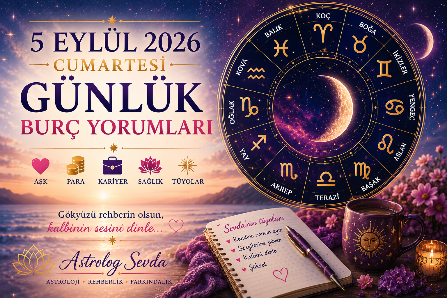 5 Eylül 2026 Cumartesi günlük burç yorumları için zodyak çemberi ve astroloji temalı görsel