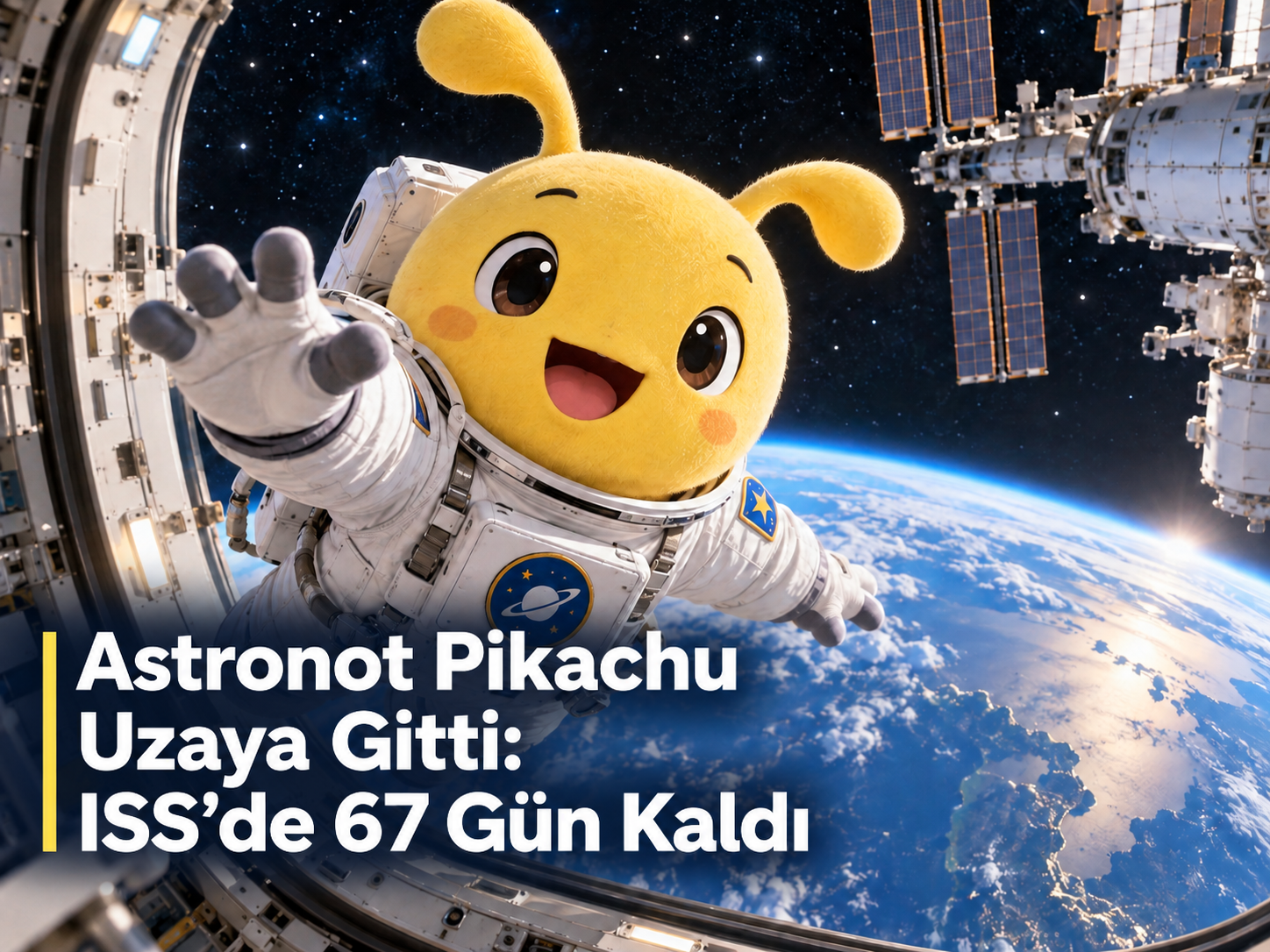 Astronot Pikachu uzayda ISS önünde, Dünya manzarasıyla birlikte 67 günlük uzay yolculuğunu anlatan kapak görseli