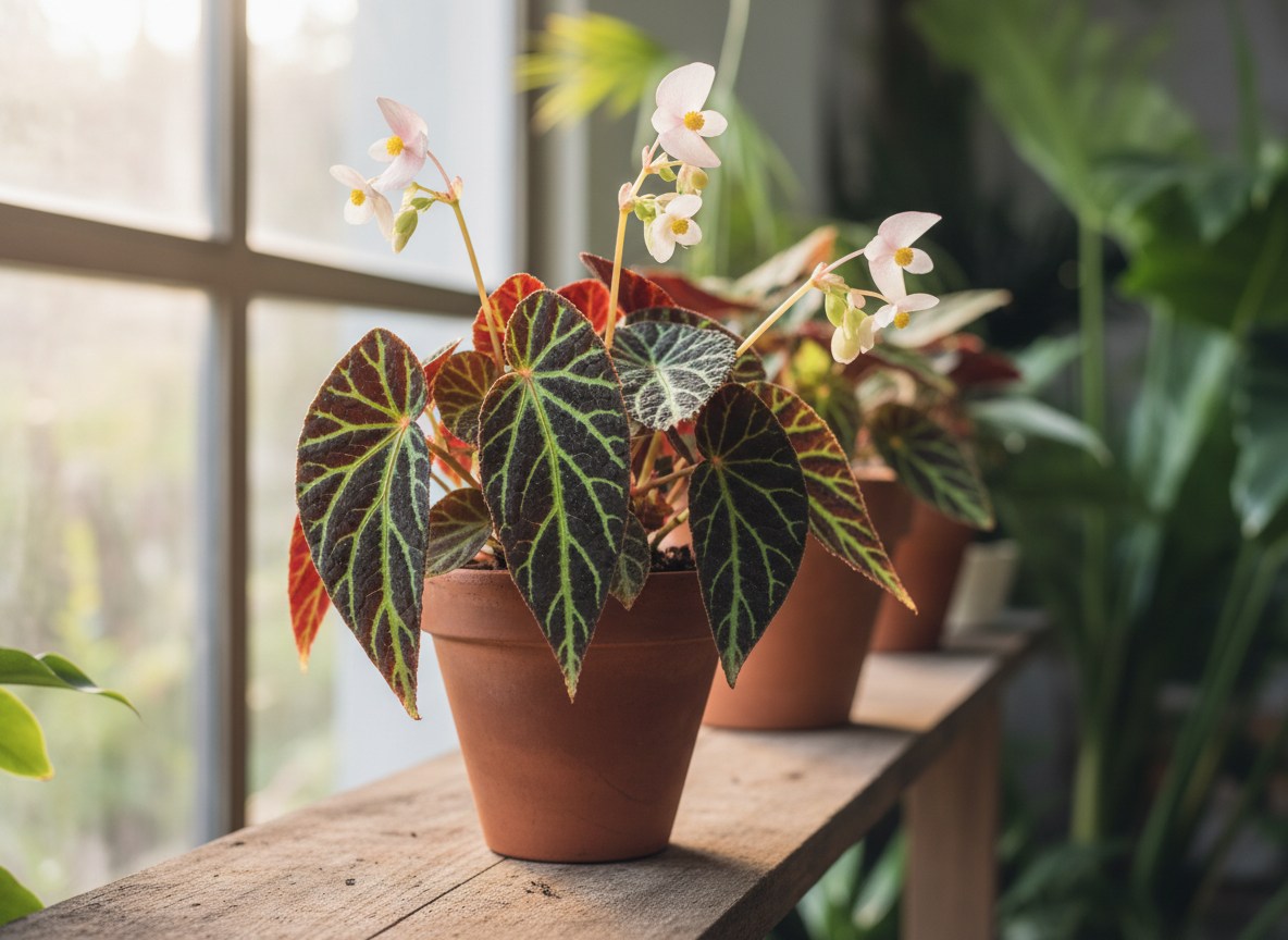 Koyu yeşil yaprakları, açık yeşil damarları ve kızılımsı saplarıyla Begonia decora