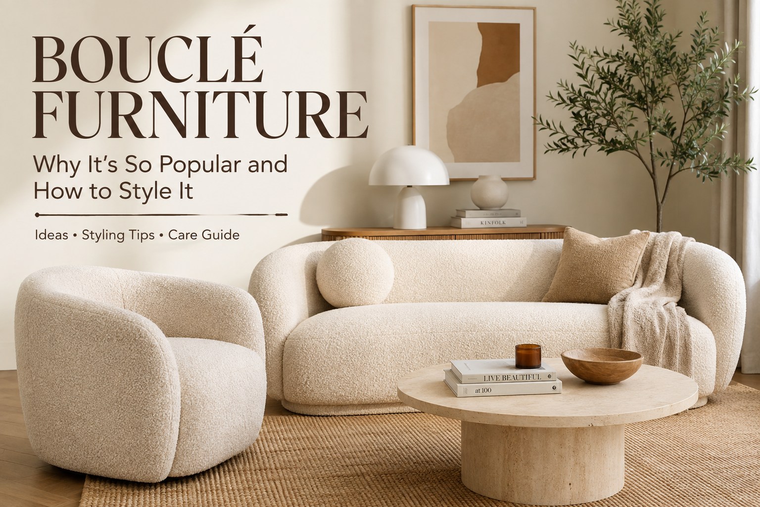Bouclé furniture in a warm modern living room