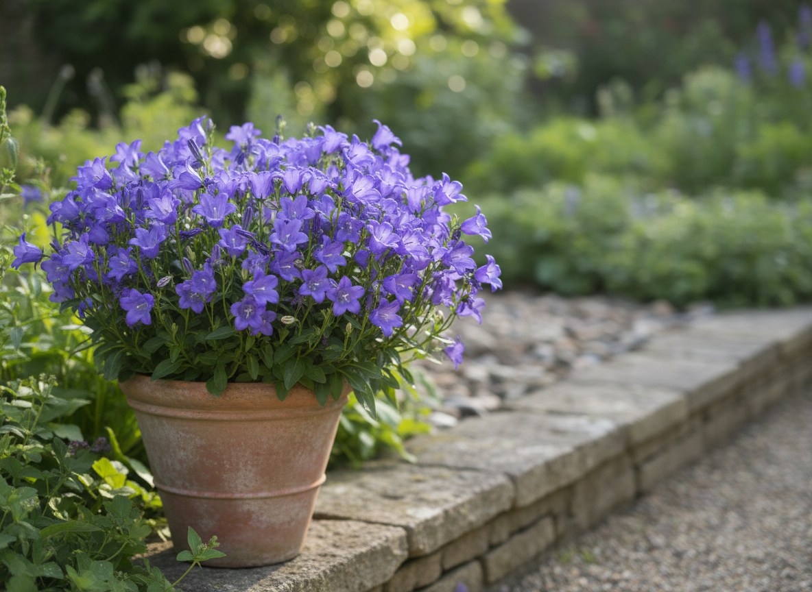 Mor-mavi çan çiçeği (Campanula) saksıda sağlıklı ve bol çiçekli halde
