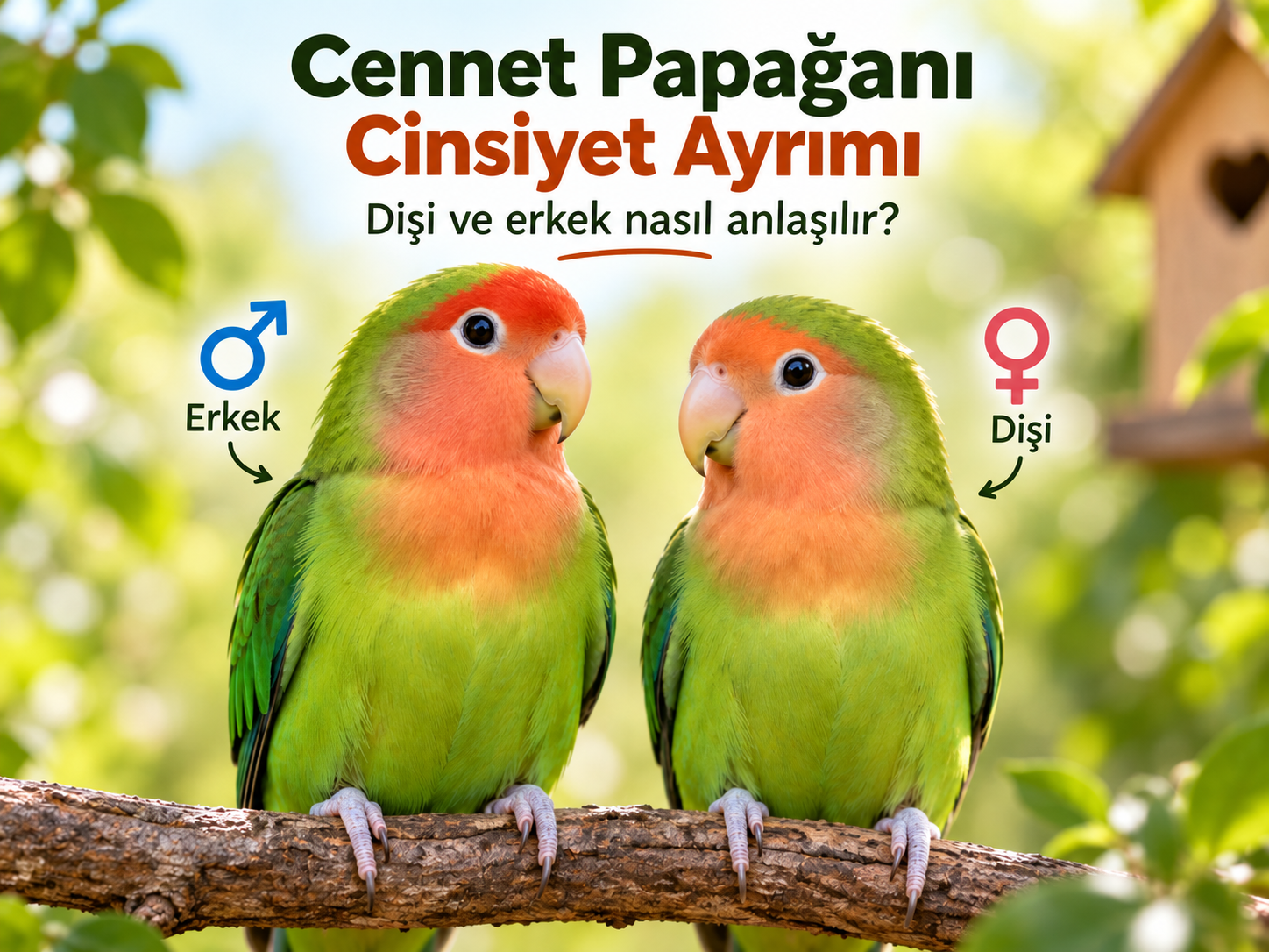 Cennet papağanı cinsiyet ayrımı için yan yana duran dişi ve erkek cennet papağanı görseli