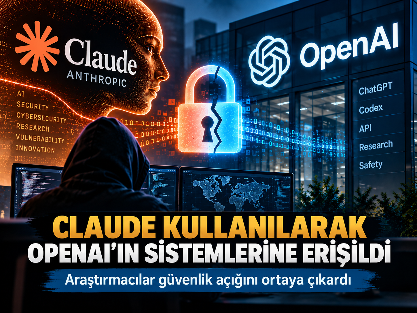 Claude kullanılarak OpenAI sistemlerine erişilen güvenlik açığını temsil eden siber güvenlik görseli