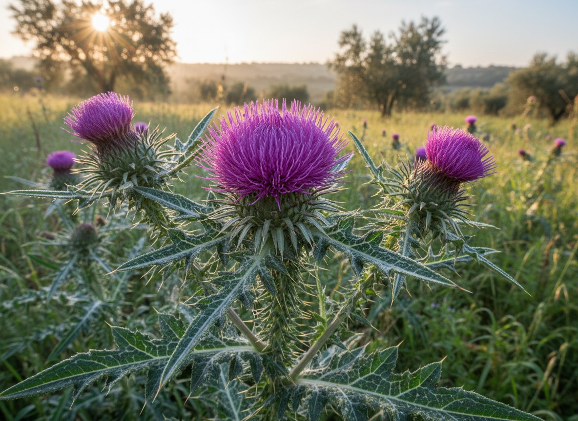 Mor çiçekli deve dikeni (Silybum marianum) bitkisi ve dikenli yaprakları