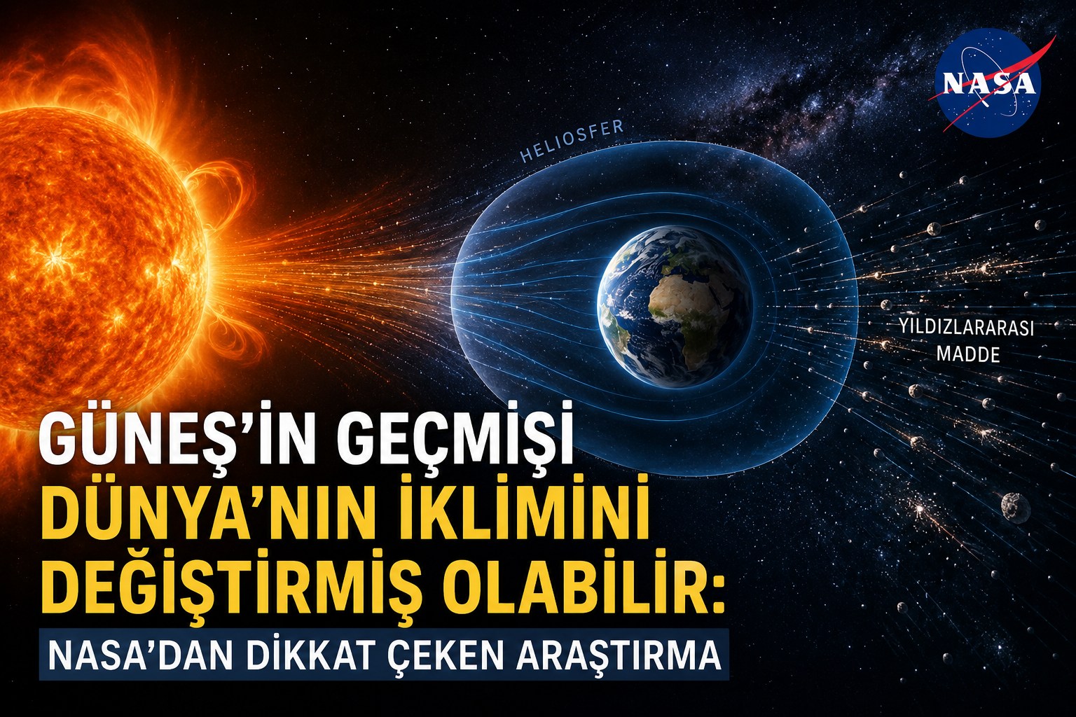 NASA Güneş araştırması kapsamında Güneş’in geçmişinin Dünya’nın iklimi üzerindeki olası etkilerini gösteren Dünya ve heliosfer görseli