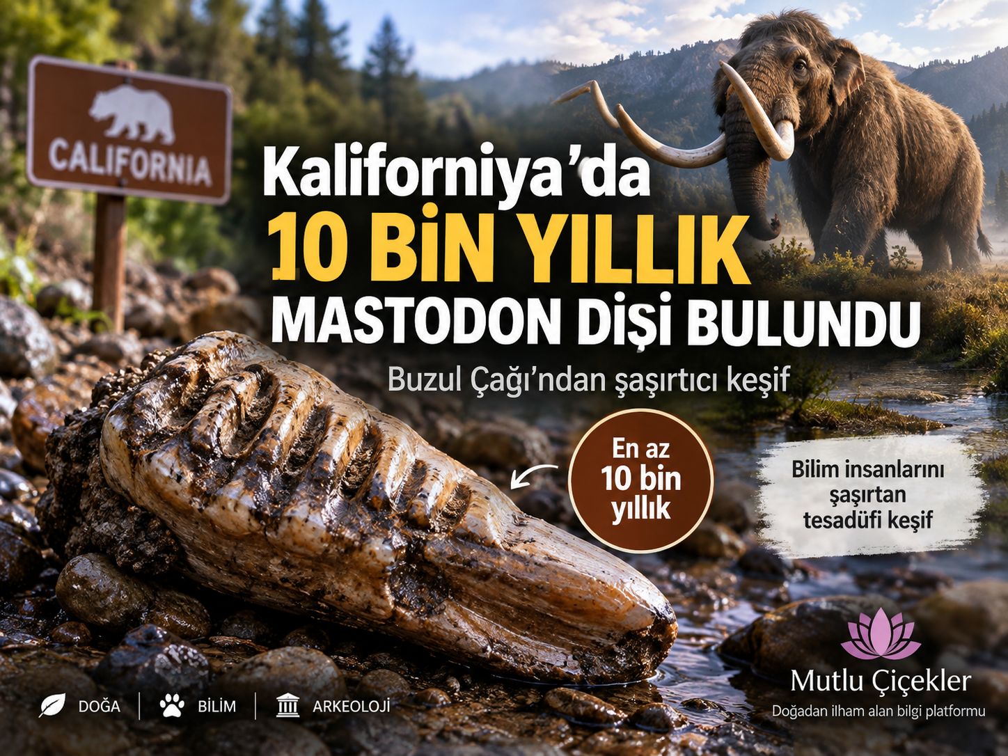 Kaliforniya’da bulunan en az 10 bin yıllık Pasifik mastodonu dişini temsil eden görsel