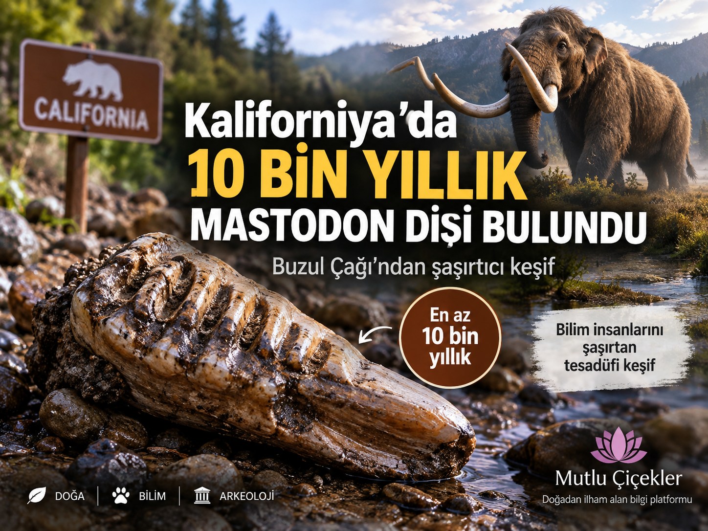 Kaliforniya’da bulunan en az 10 bin yıllık Pasifik mastodonu dişini temsil eden görsel