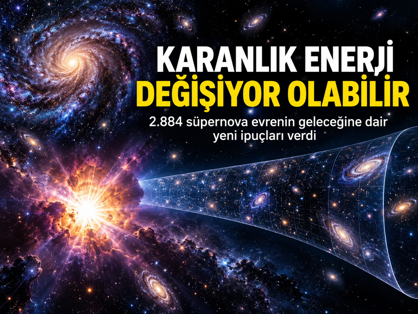 Karanlık enerjinin değişiyor olabileceğini araştıran yeni süpernova çalışmasını temsil eden evren görseli