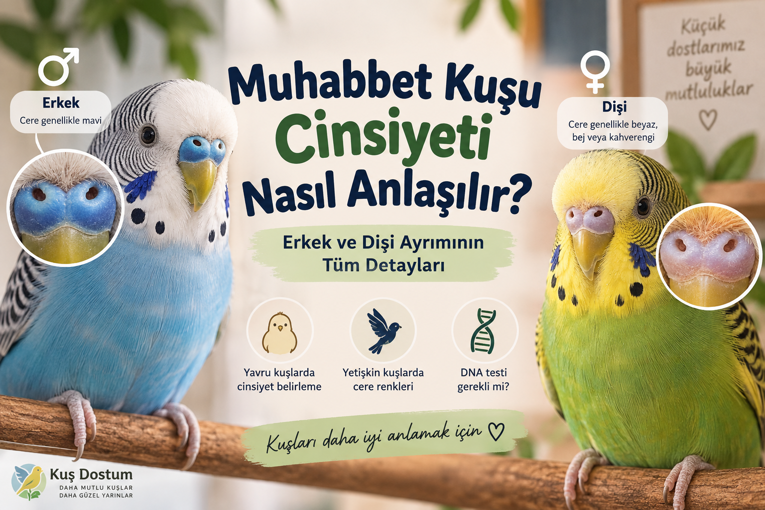 Erkek ve dişi muhabbet kuşu cinsiyet ayrımı ve cere renkleri
