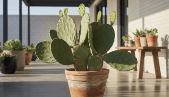 Terracotta saksıda sağlıklı Opuntia kaktüsü ve yeşil yassı gövdeleri