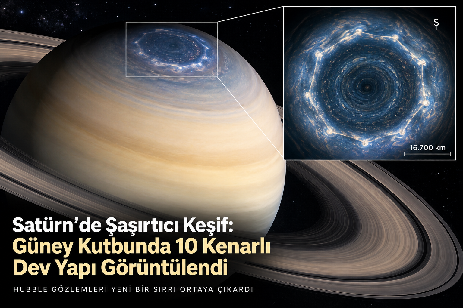 Satürn’de Şaşırtıcı Keşif: Güney Kutbunda 10 Kenarlı Dev Yapı Görüntülendi