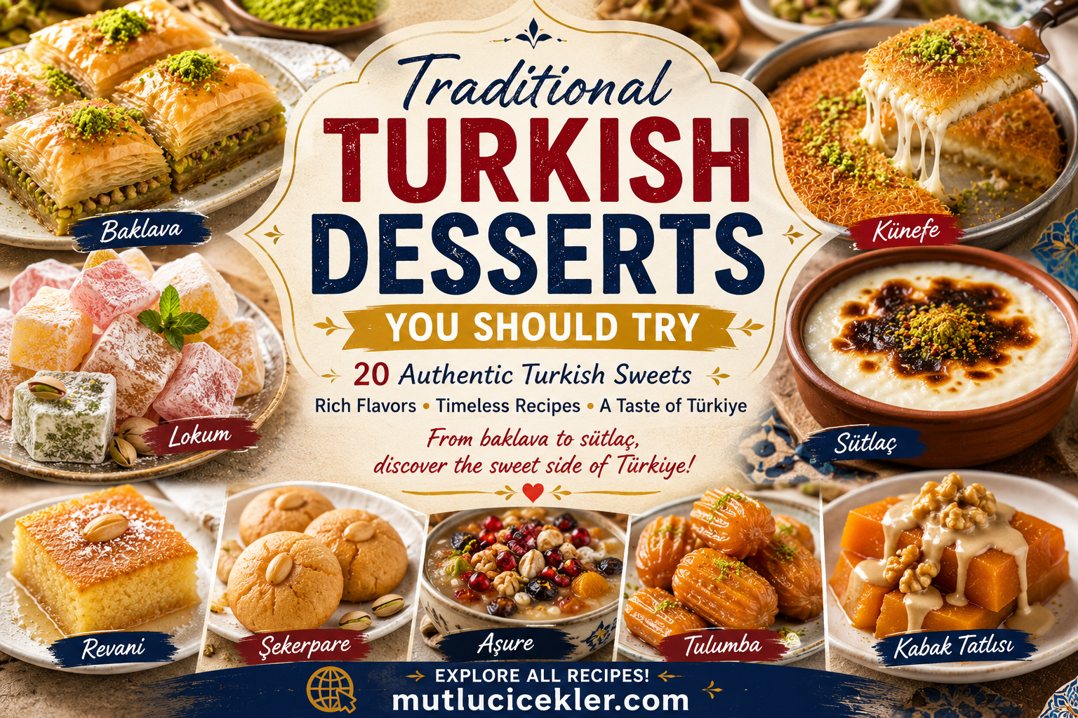 Traditional Turkish desserts including baklava, künefe, Turkish delight and sütlaç