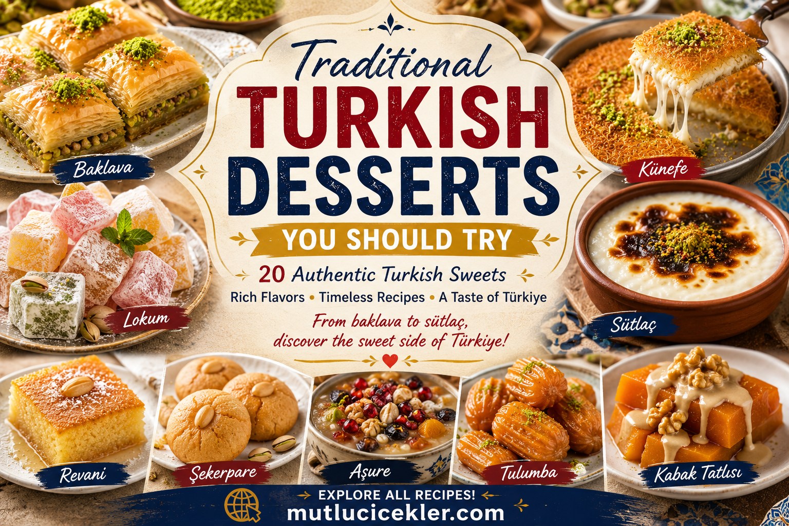 Traditional Turkish desserts including baklava, künefe, Turkish delight and sütlaç