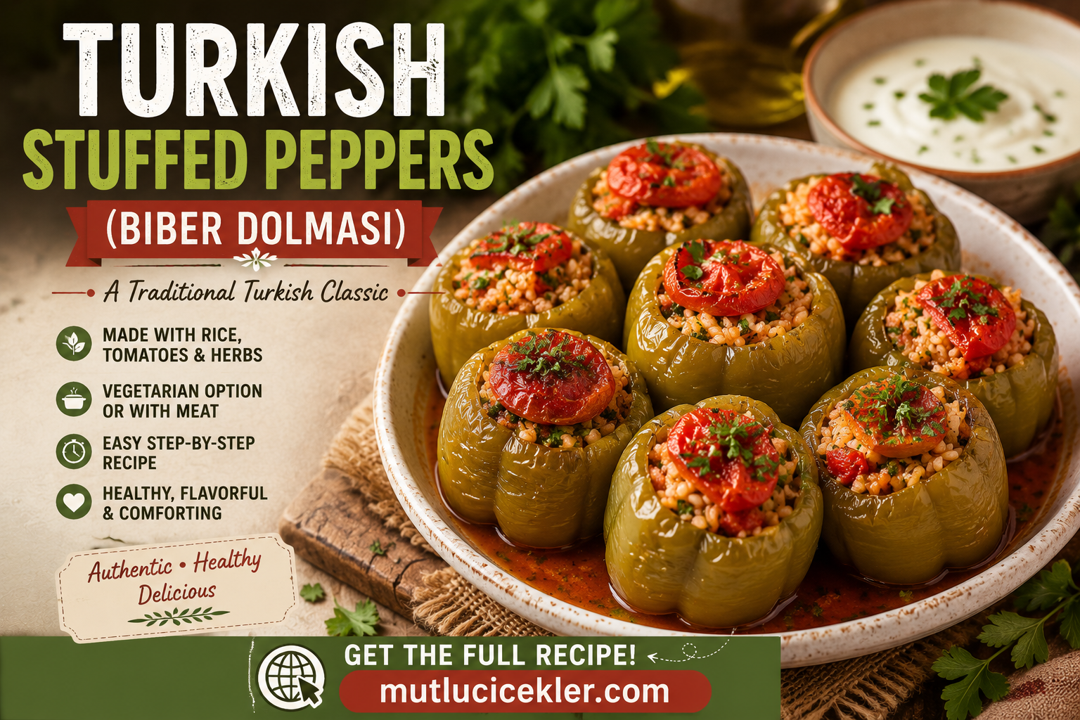 Traditional Turkish stuffed peppers Biber Dolması filled with seasoned rice and herbs