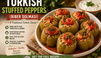 Traditional Turkish stuffed peppers Biber Dolması filled with seasoned rice and herbs