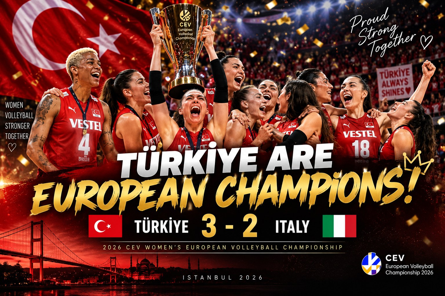 Türkiye women’s volleyball team celebrates winning the 2026 European Championship after beating Italy 3-2.