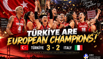 Türkiye women’s volleyball team celebrates winning the 2026 European Championship after beating Italy 3-2.