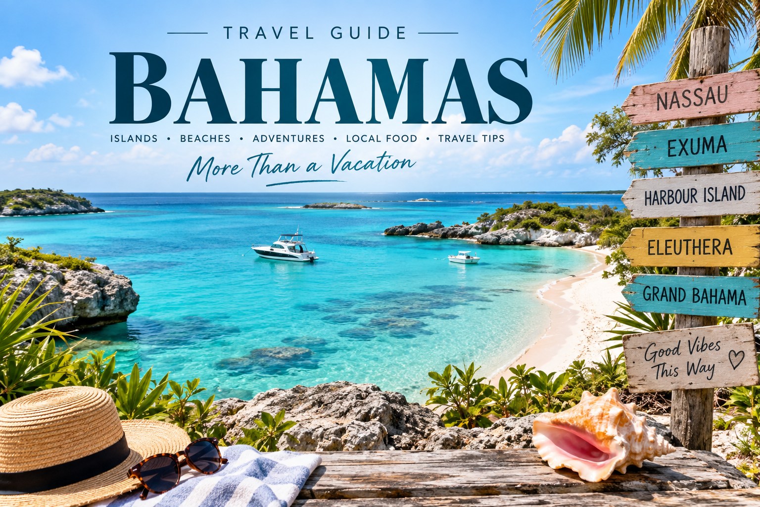 Bahamas travel guide with turquoise sea, tropical beach and beautiful Caribbean islands