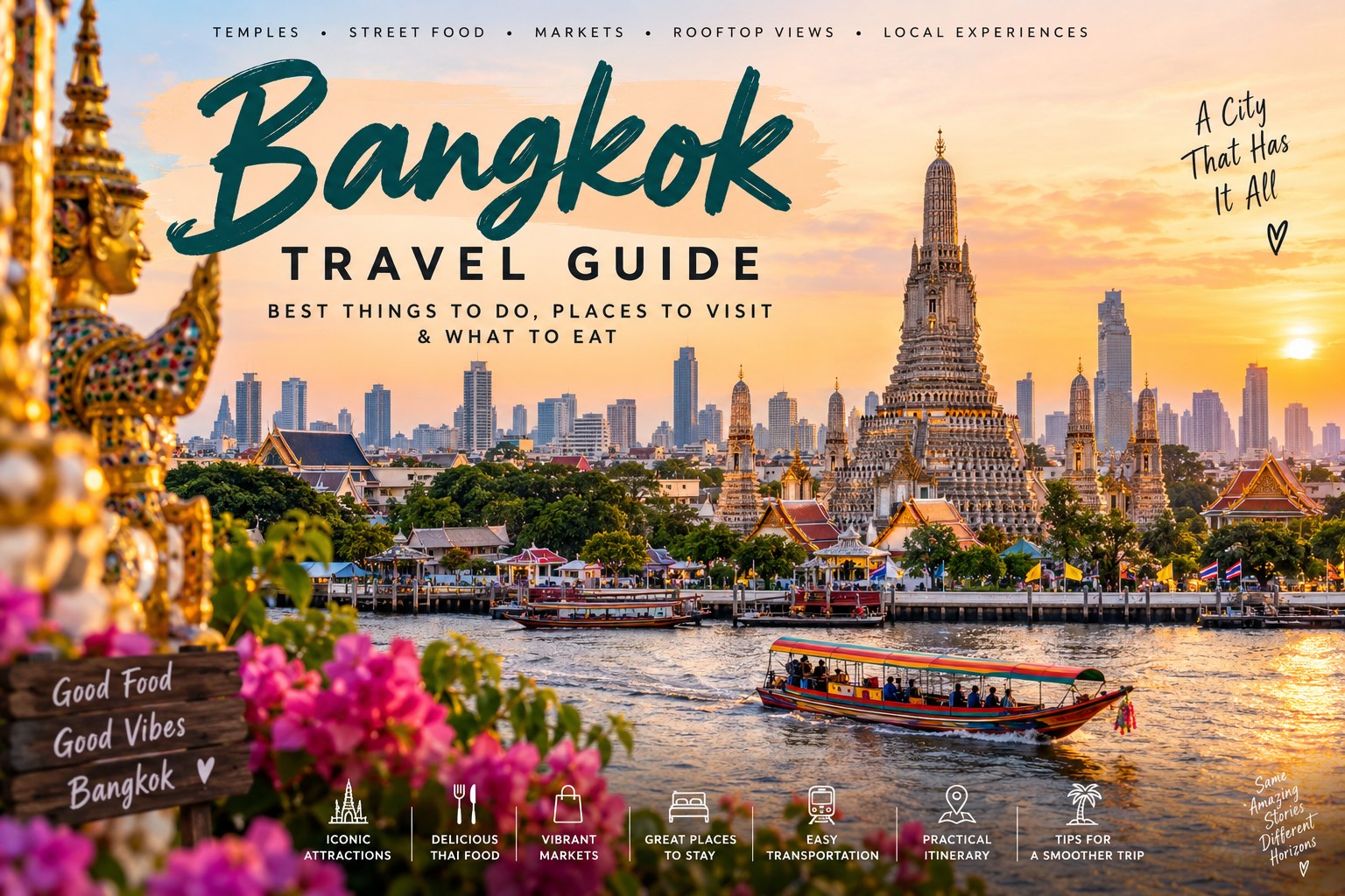 Bangkok travel guide featuring famous temples, city skyline and top places to visit in Thailand