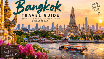 Bangkok travel guide featuring famous temples, city skyline and top places to visit in Thailand