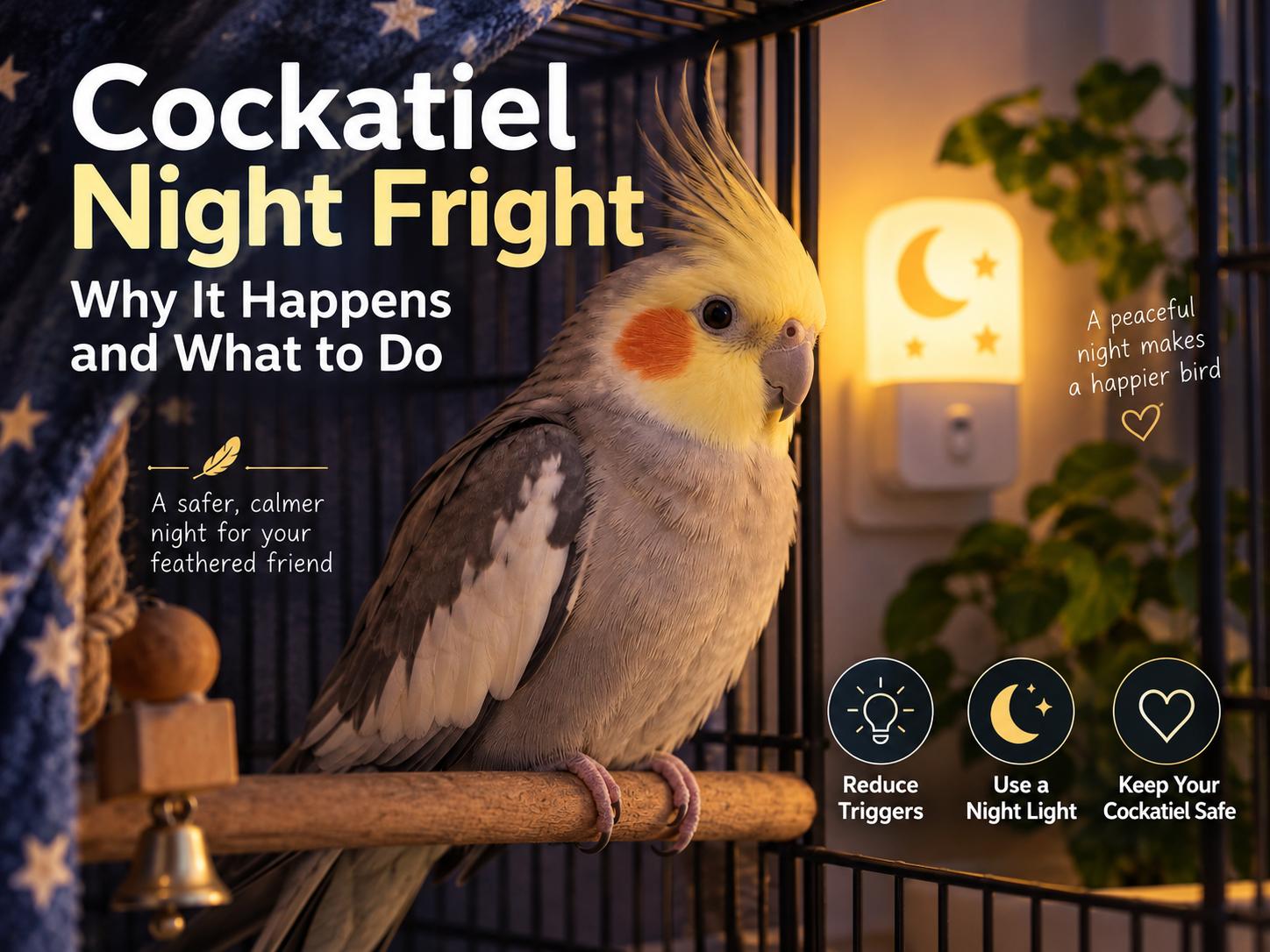 Cockatiel night fright with a dim night light beside the cage at night