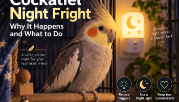 Cockatiel night fright with a dim night light beside the cage at night
