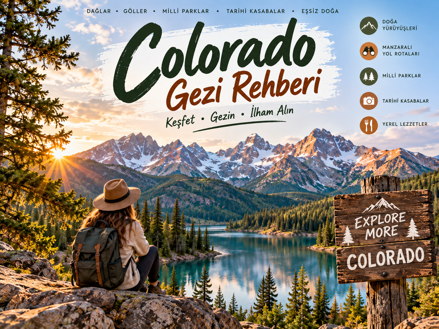 Colorado gezi rehberi kapak görseli, Rocky Dağları ve alp gölü manzarası.