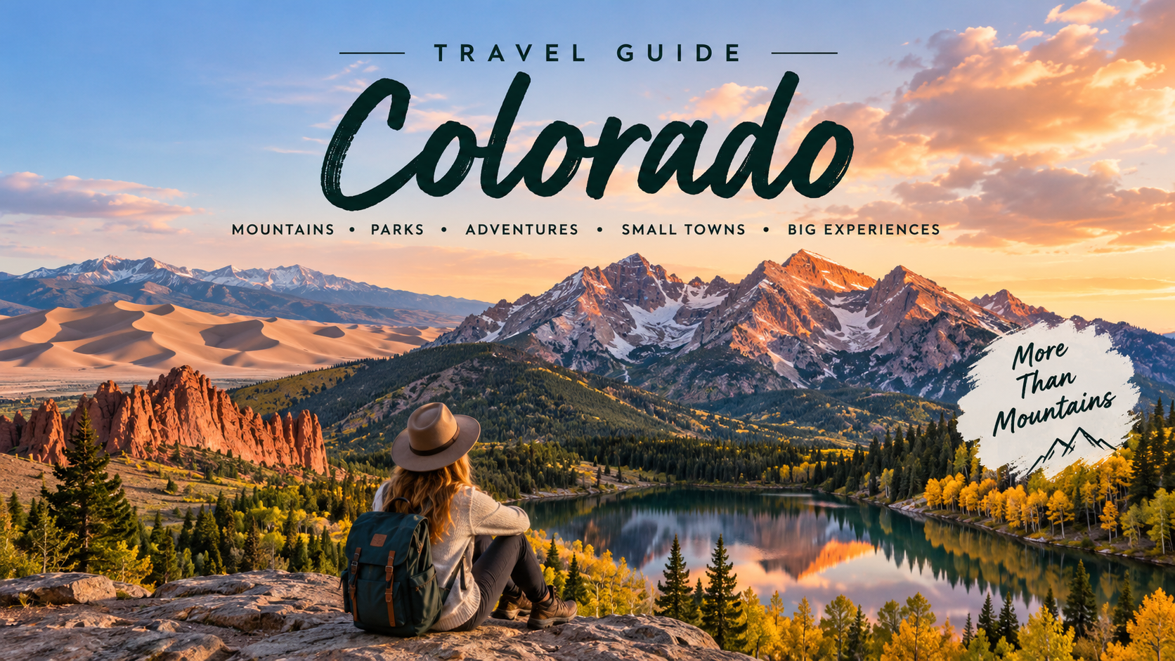 olorado travel guide with Rocky Mountains and alpine lake.