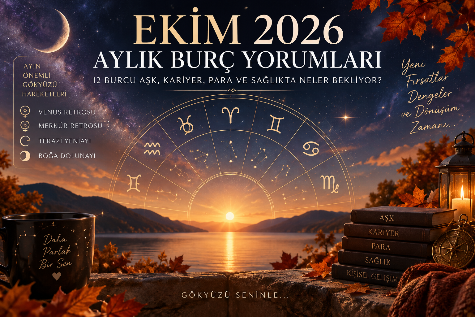 Ekim 2026 aylık burç yorumları için astroloji temalı gökyüzü, burç çemberi ve sonbahar manzarası.
