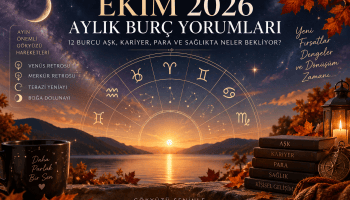 Ekim 2026 aylık burç yorumları için astroloji temalı gökyüzü, burç çemberi ve sonbahar manzarası.