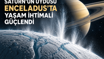 Satürn, Enceladus’un buzlu yüzeyi ve uzaya püsküren buz-su sütunları; Enceladus’ta yaşam ihtimalinin güçlendiğini anlatan haber kapak görseli.
