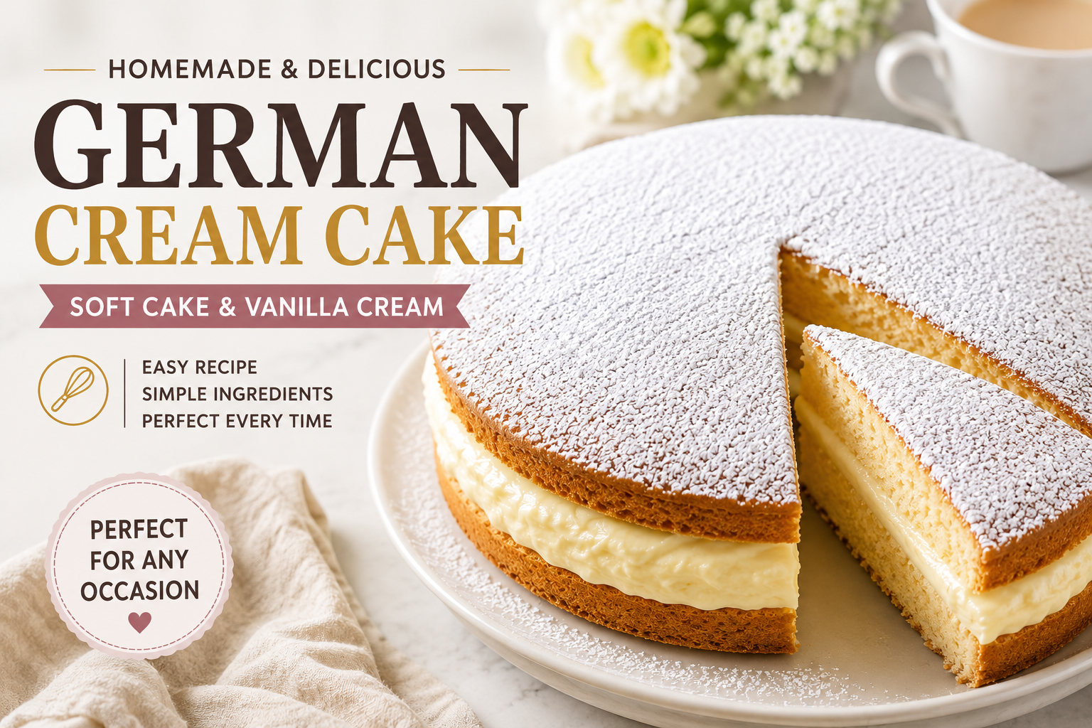 Homemade German Cream Cake with soft sponge layers, vanilla cream filling and powdered sugar