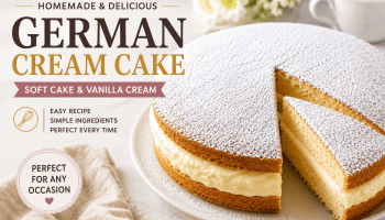 Homemade German Cream Cake with soft sponge layers, vanilla cream filling and powdered sugar