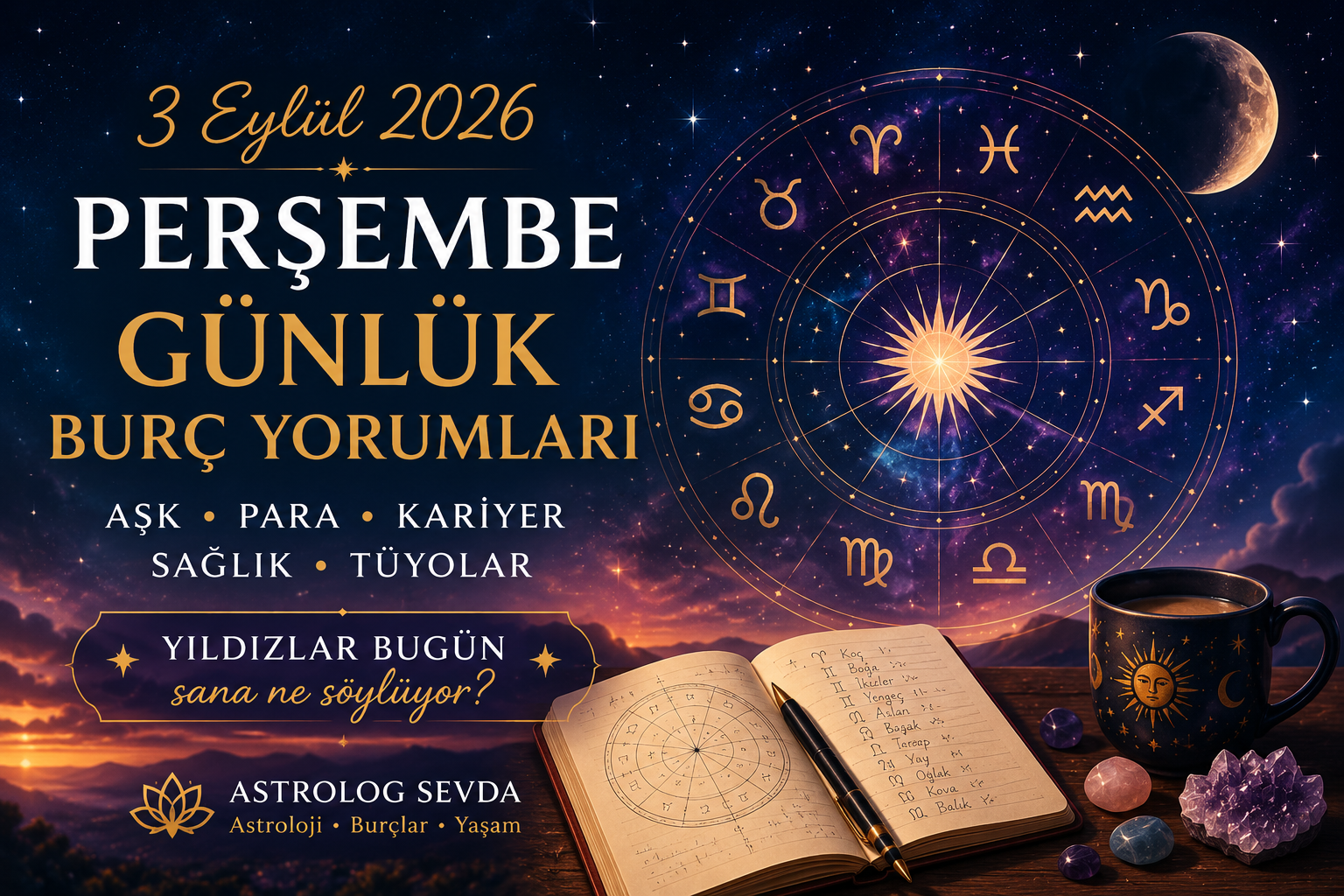 3 Eylül 2026 Perşembe günlük burç yorumları için astroloji temalı burçlar ve zodyak görseli