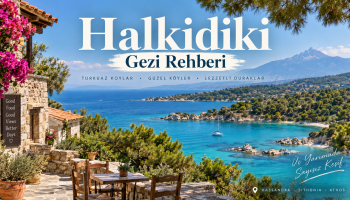 Halkidiki gezi rehberi kapak görseli, turkuaz koylar, çam ormanları, sahil köyleri ve Ege Denizi manzarası.