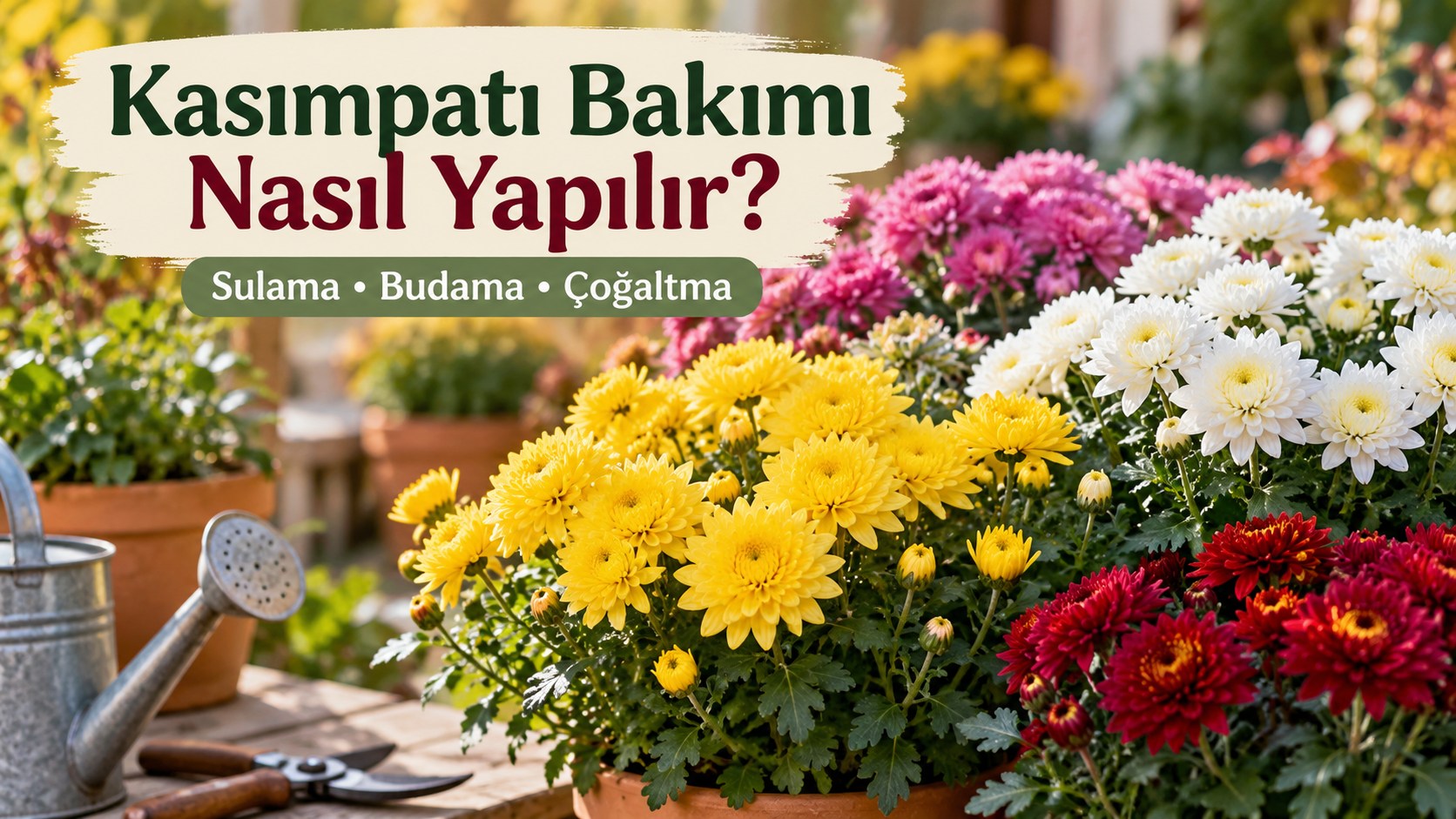 Saksılarda sarı, beyaz, pembe ve bordo kasımpatı çiçekleri; Kasımpatı Bakımı Nasıl Yapılır başlıklı bakım rehberi kapağı