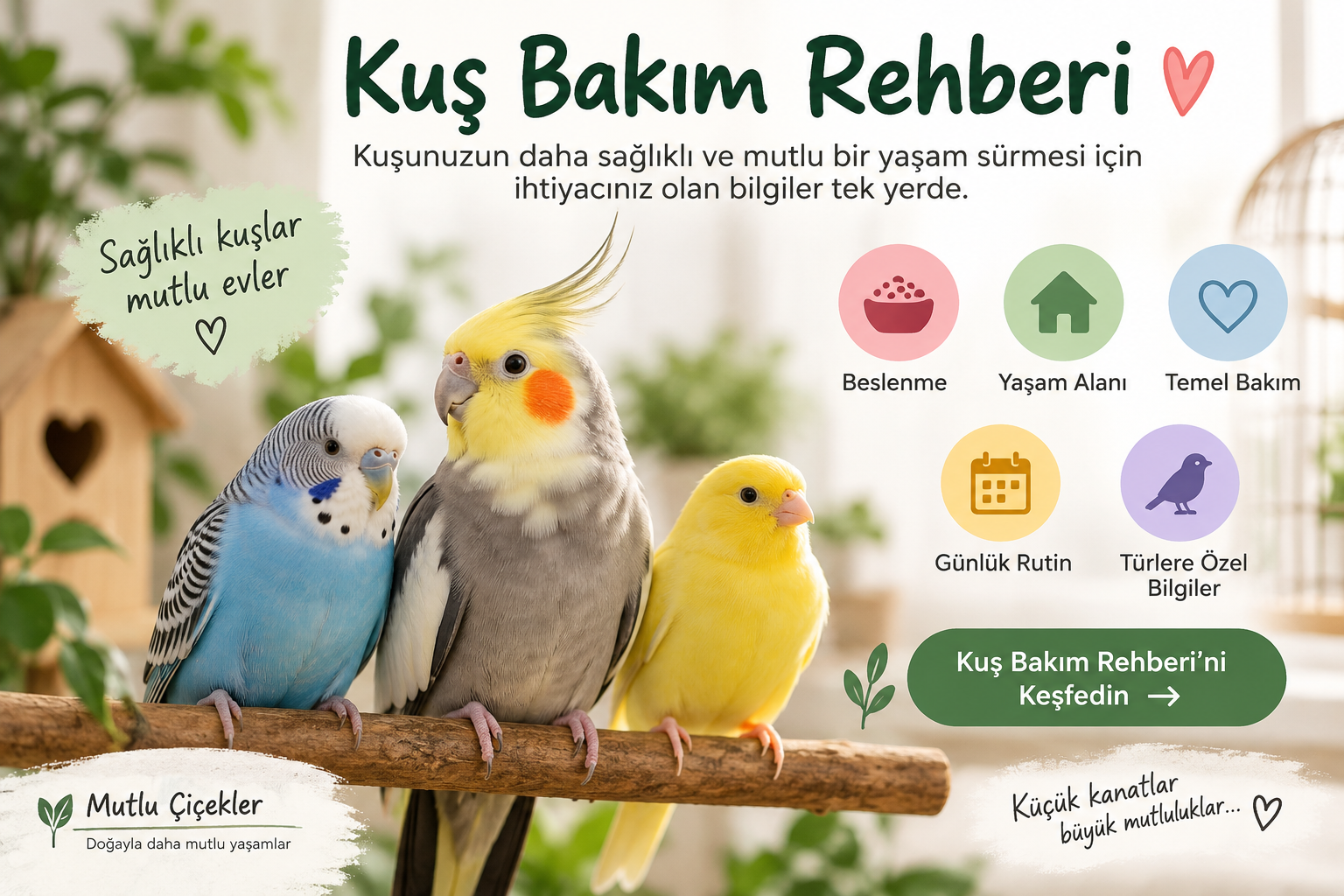 Kuş bakım rehberi – muhabbet kuşu, sultan papağanı ve kanarya için bakım, beslenme ve günlük rutin bilgileri